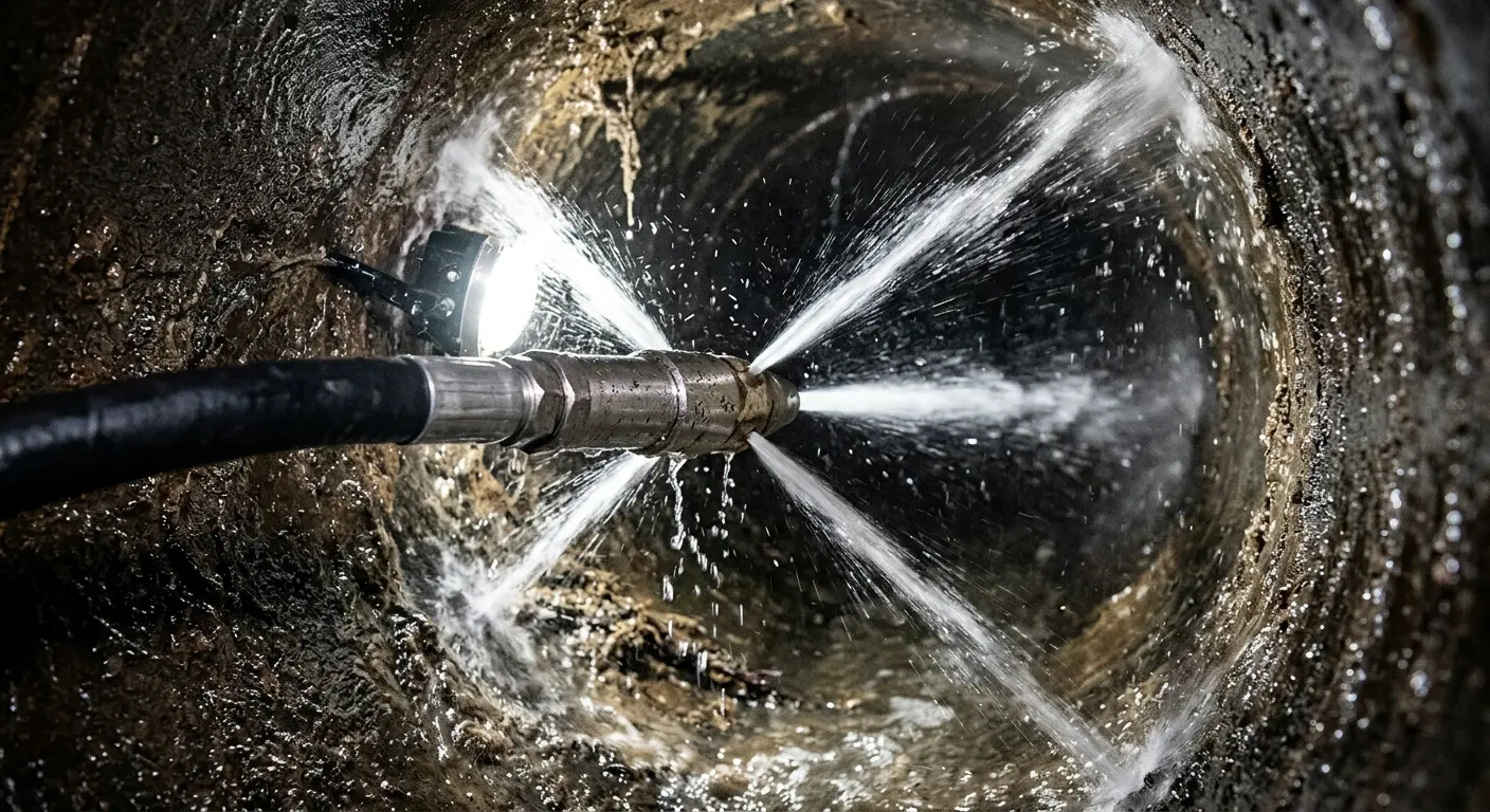High-pressure hydro jetting nozzle cleaning sewer pipe for Emergency Drain Service in Brandon